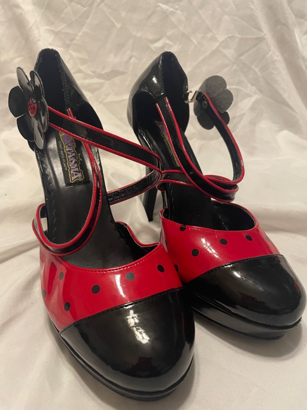 Funtasma Red and Black Patent Mary Jane Heels with Floral Strap